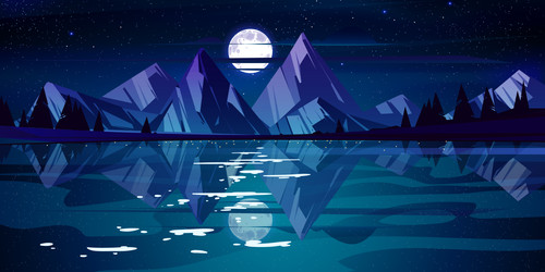 Night landscape with lake, mountains and trees on coast. Vector cartoon illustration of nature scene.jpg