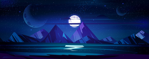 Night ocean landscape, full moon and stars shine in sky above water surface reflecting starlight. Da.jpg