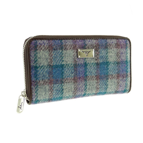 ladies harris tweed long zip purse staffa in blue purple check on grey lb2100 col98 5013 p.jpg
