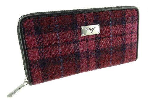 ladies harris tweed long zip purse staffa in raspberry check lb2100 col90 5009 p.jpg
