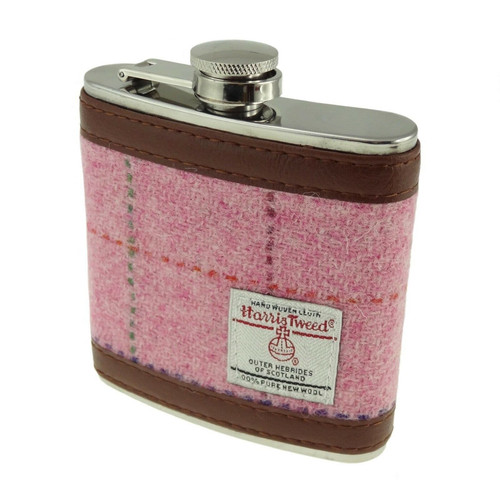 6oz harris tweed hip flask in bright pink with over check hf2100 col68 5369 p.jpg