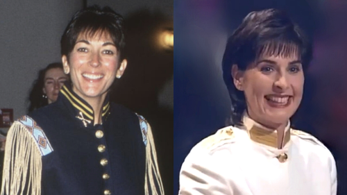 Ghislaine Maxwell and Enya soldier type outfit smile mid 90s