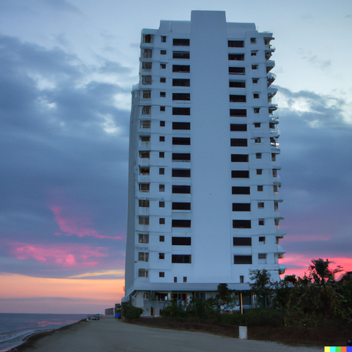 DALL·E 2023 02 06 17.28.40 sunset of a tall white hotel in the tropics, next to an ocean.png