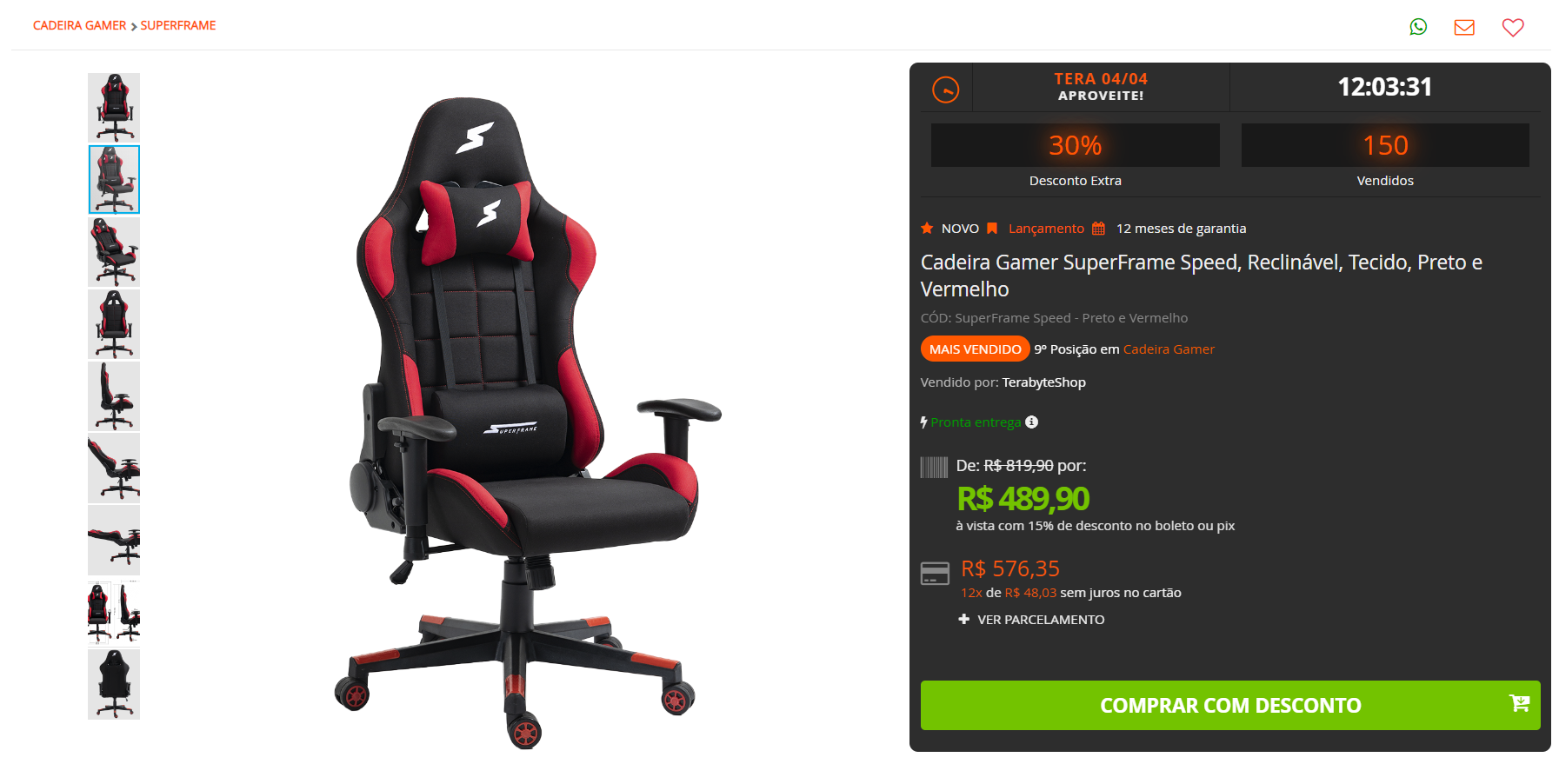 Terabyte] Cadeira Gamer Tecido Vermelho/Preto SuperFrame Speed (R$489)