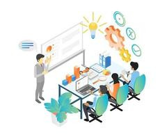 isometric style illustration about a business team having a business growth meeting and discussion f.jpg