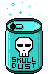 A cyan can with a skull symbol. Below the skull is text that reads Skull Dust in all caps