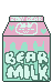 a looping gif of a pink and mint green carton with an animated dripping liquid design. The spout has small text reading 'zeddy bear' in all caps. The body of the carton has very light green all-cap text reading 'bear milk'. The top of the carton has a small symbol of a bear with horns surrounded by two floating hearts