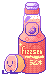 a ramune bottle with a small figurine of a slice lemon sitting next to it, it has pink lemonade inside. The label is pink with yellow text on it. The bead is shaped like a citrus slice