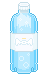 a bottle with sky blue fizzing soda. It has a white cap and label. The label has a symbol of an eye with wings, outlined with a light grey-blue color, above the eye is a yellow halo