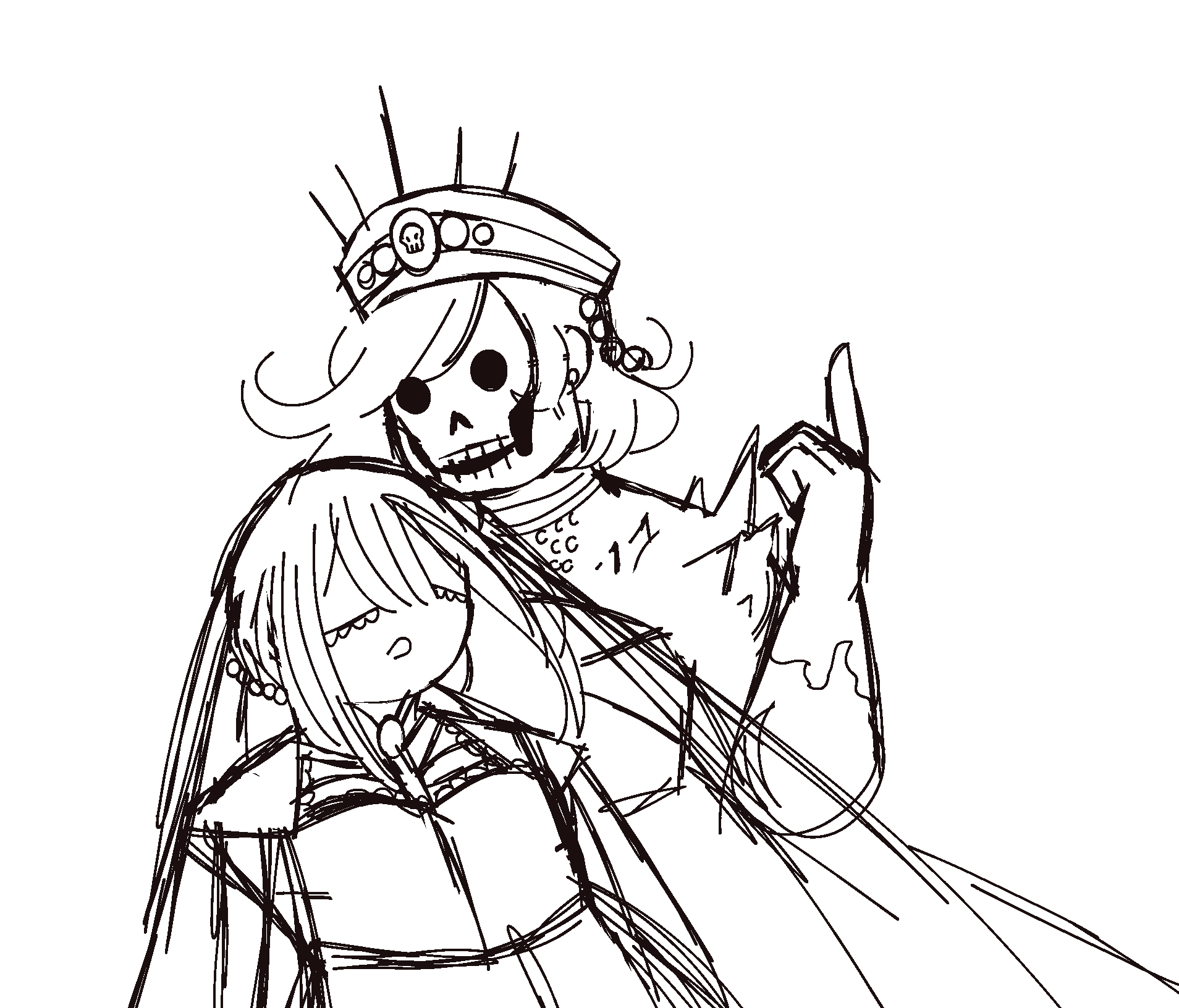 a sketch of the Ribcage Witch being held by Melia as she speaks to them.