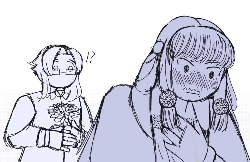 a sketch of Chrysanthemum hunched over and blushing, while Lanata stares at them wide eyed from behind while holding a large chrysanthemum flower.