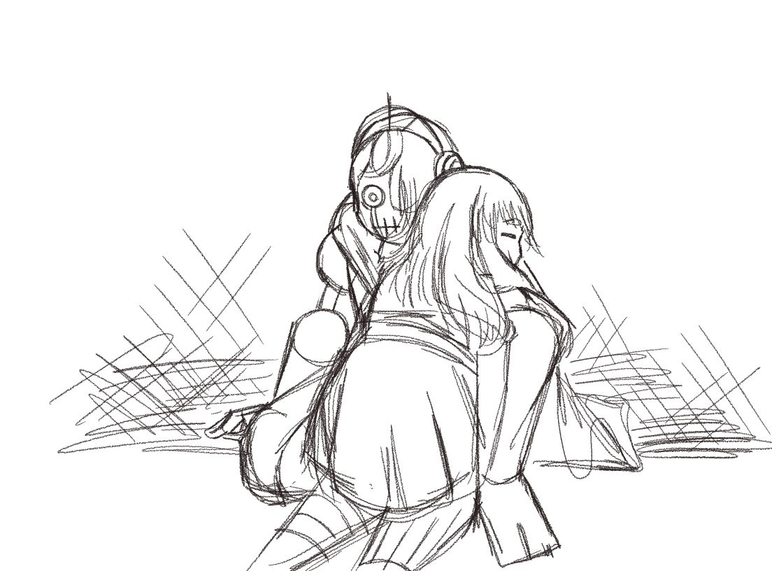 A sketch of Zora being hugged by Roxanne.