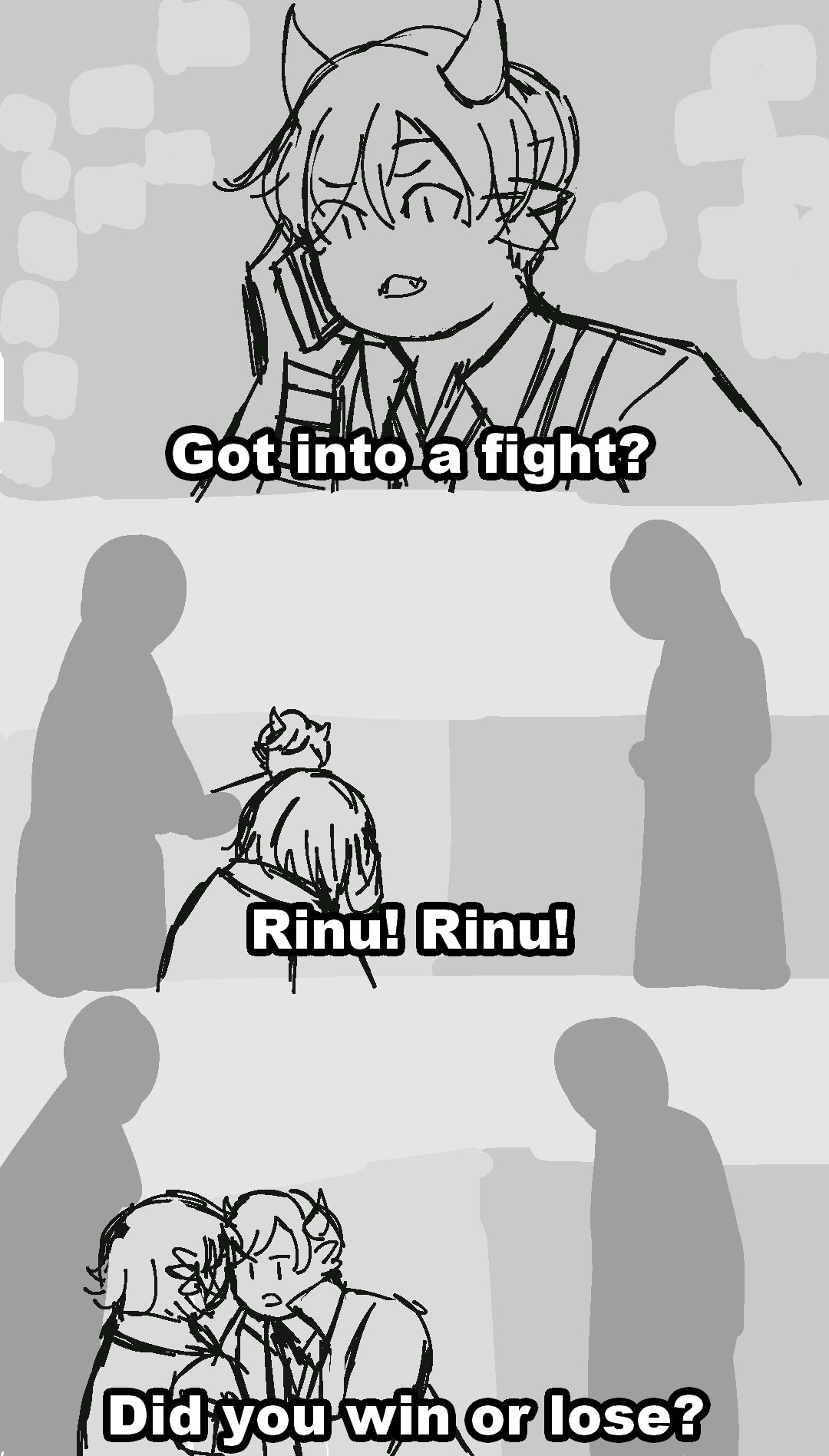 A redraw of the 'Did you win or lose' scene from Two Fathers in comic form. In the first panel, Ruriko is answering a phone with the subtitle 'Got into a fight?' The second panel has her running into a school with Rinu sitting with school staff with the subtitle 'Rinu! Rinu'. The final panel, Ruriko is kneeling in front of Rinu with her hands on his shoulders. The subtitles read 'Did you win or lose?'