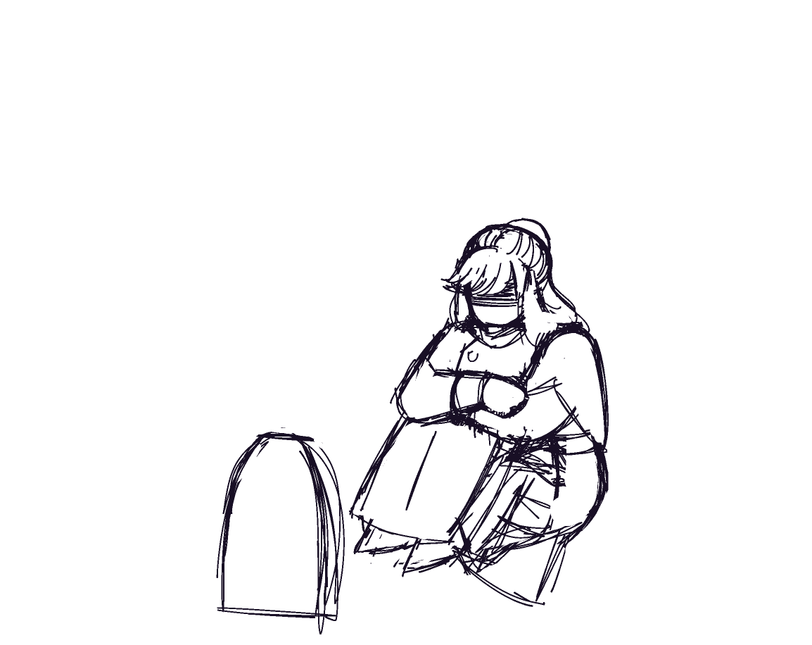 a sketch of Zelophehad sitting in front of a tombstone with a shadow covering his face.