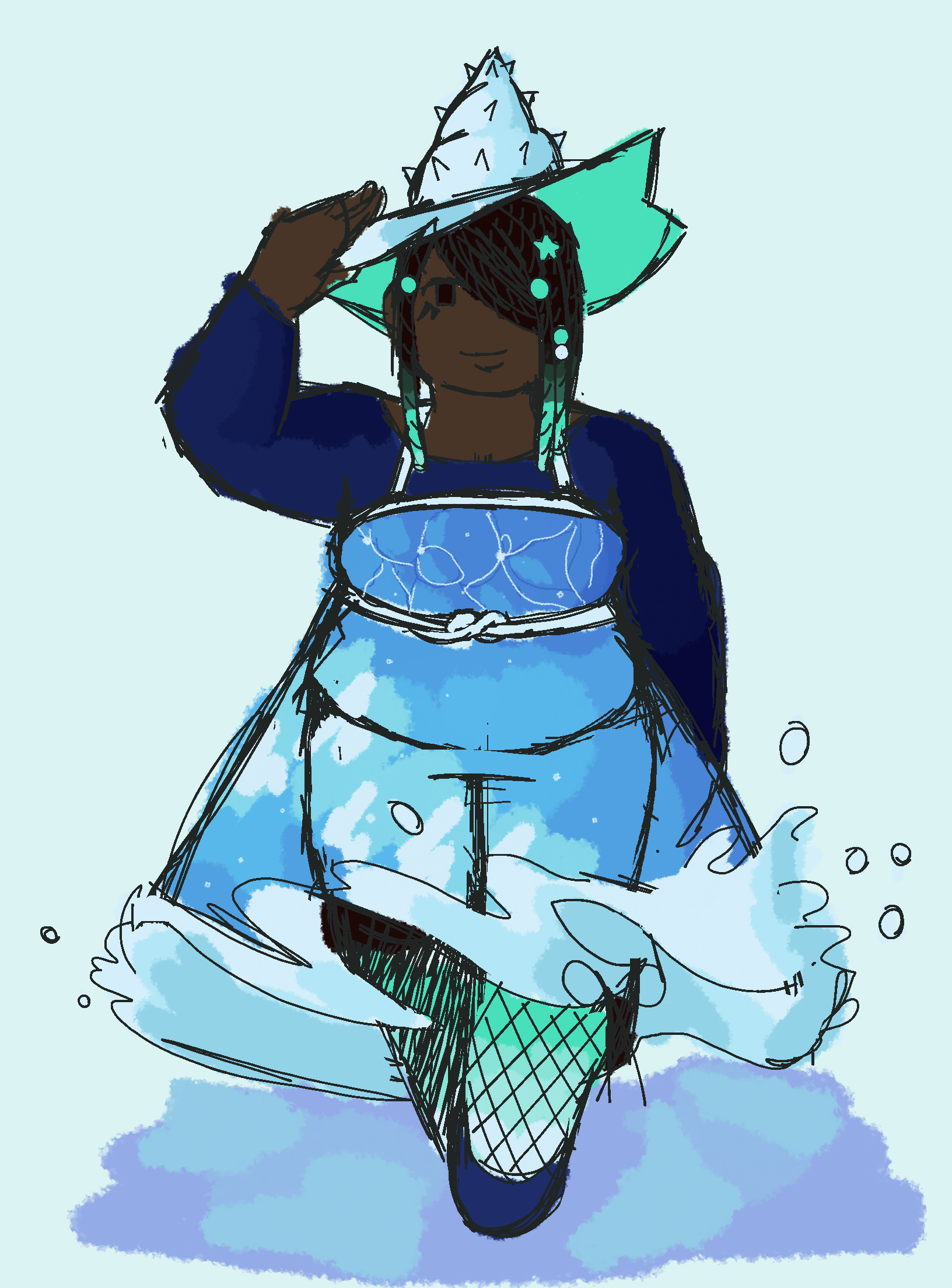 a sketch of Meltem holding onto her sea shell witch hat by the brim. She's wearing a jumper skirt made out of water.