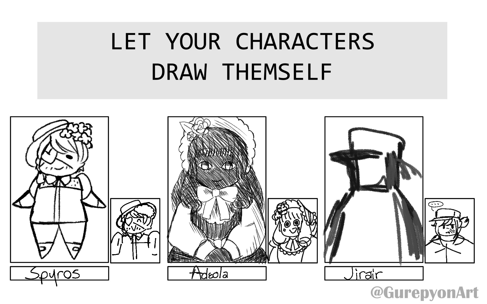 A drawing meme where the characters draw themselves of Spyros, Adeola, and Jirair. Spyros has a simple chibi style. Adeola has a style with hatching shading. Jirair has a messy and low detail style.