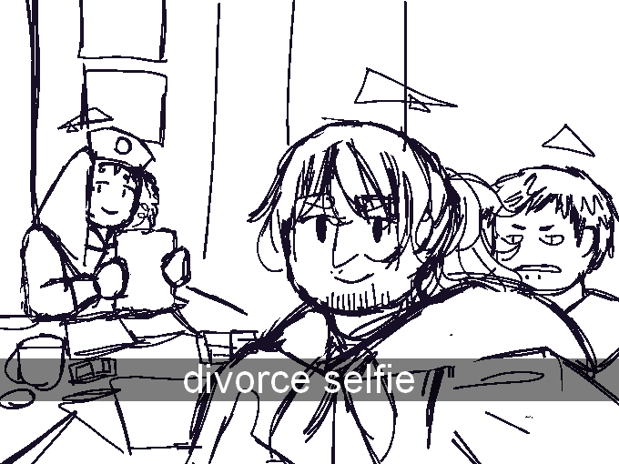 a redraw of the divorce selfie meme with Ipomoea holding the camera. Belladonna is behind the desk, organizing a stack of papers and smiling at the camera. Hydrangea is peeking over Ipomoea's shoulder, angrily.