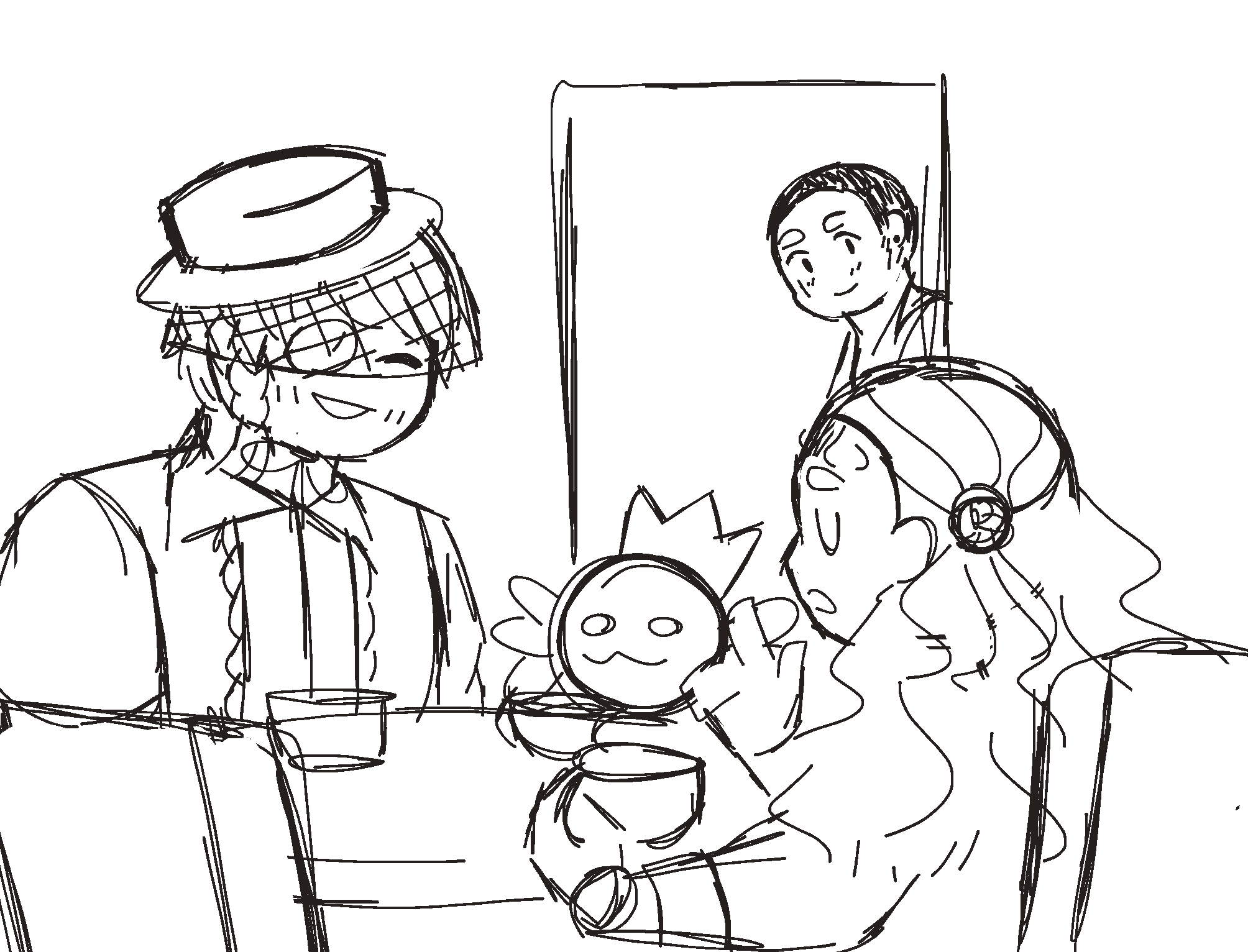 Spyros and Adeola have a tea party. A plush toy of an axolotl with a crown and cape sits in one of the chairs. Reiner is peaking from the door way, smiling.