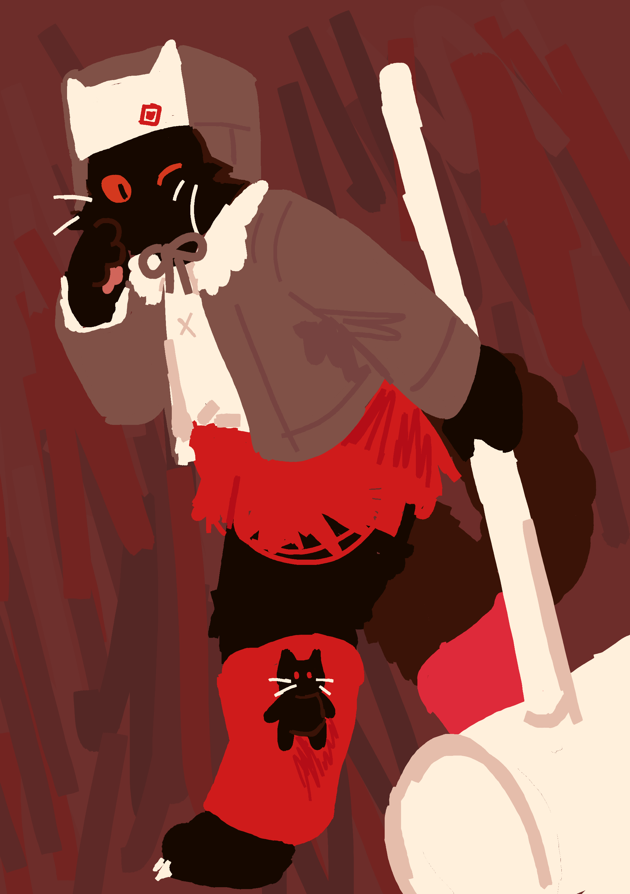 a lineless drawing of Nemuko as a black cat furry against a red scribbly background. It's holding a hammer behind its back and raising their other paw to its face