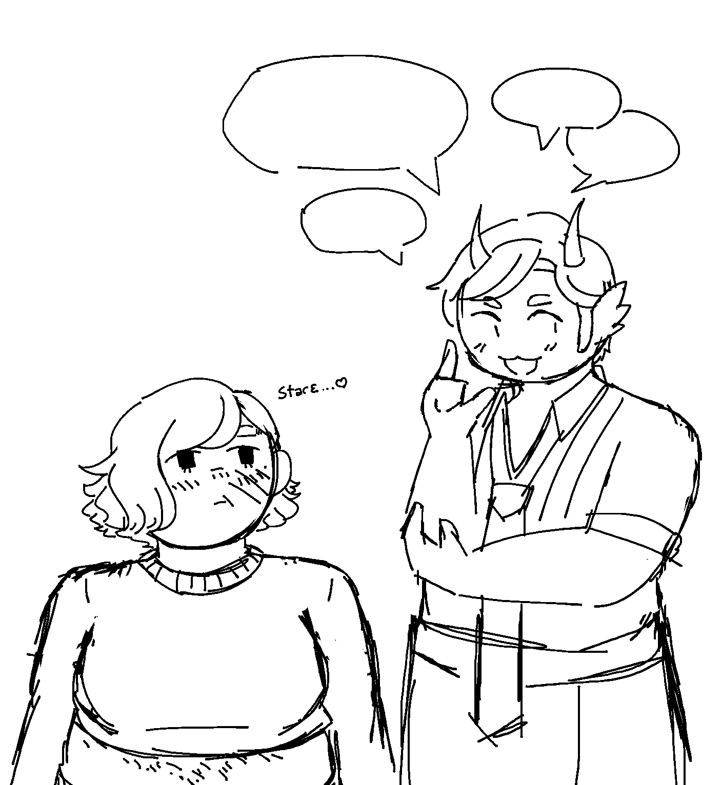 a colorless doodle of Jirair staring at Ruriko lovingly as she talks a lot
