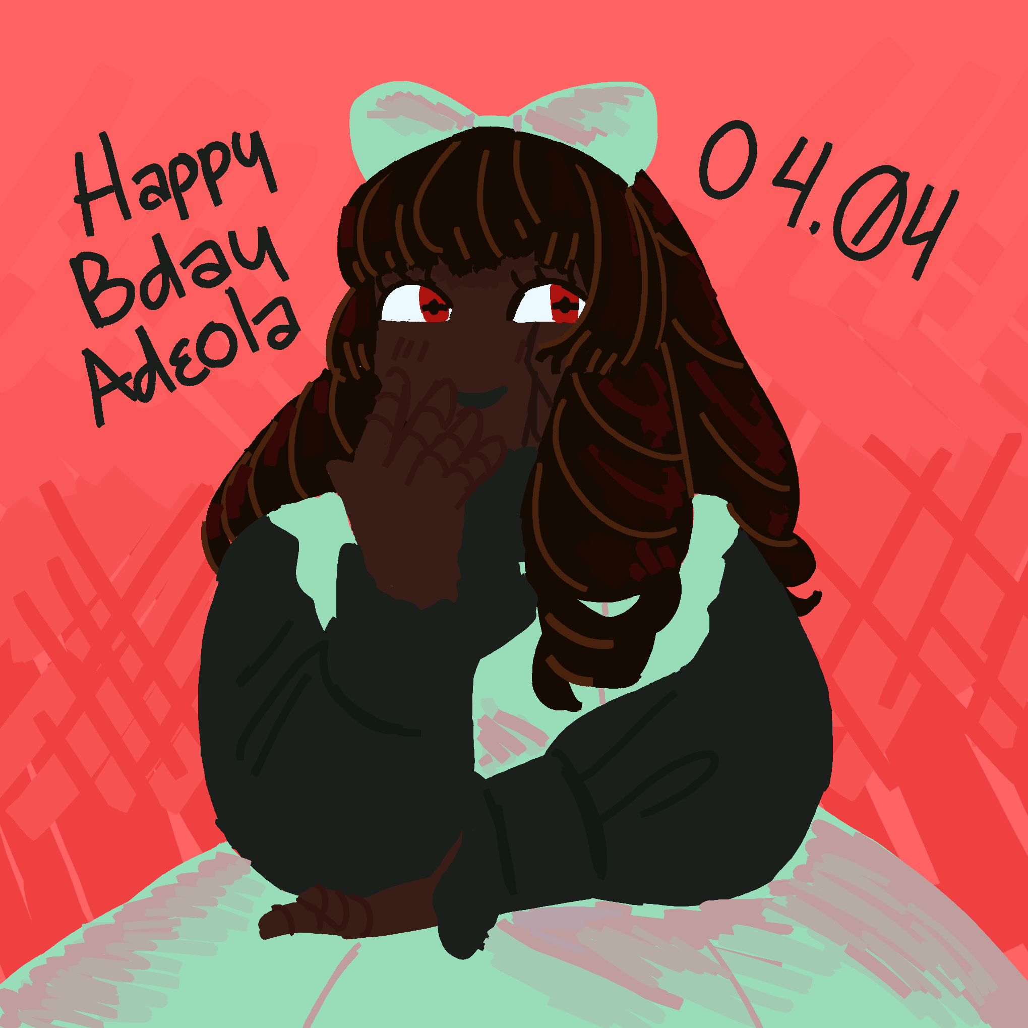Adeola in a mint green jumper skirt with a black blouse. She is wearing a big mint green bow on her head. Her cheek is resting in her hand as she smiles towards the viewer. The background is pink with hatching in different shades. Text next to Adeola's head reads 'Happy Birthday, Adeola 04.04'