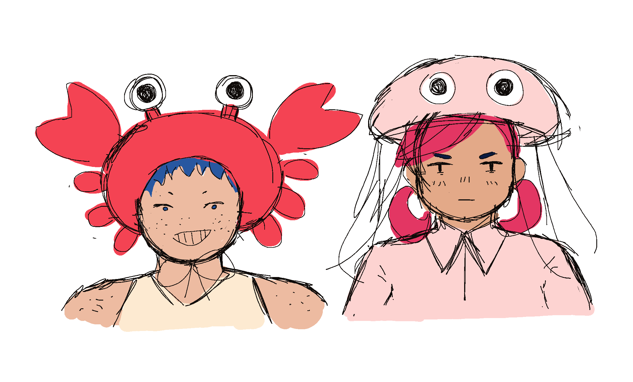 bust doodles of Windchime and Mirabelle wearing a crab and jellyfish hats with googly eyes
