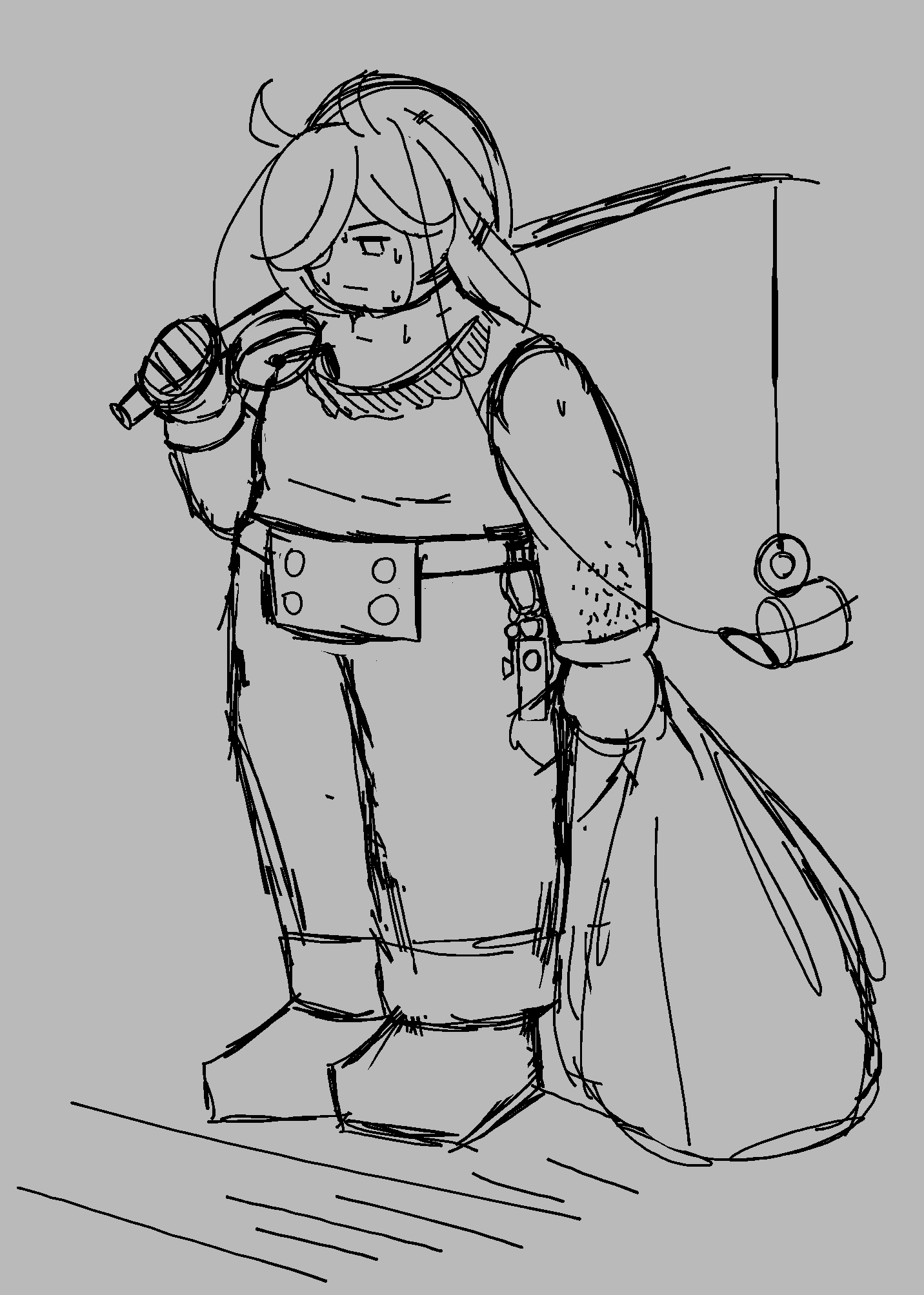 a sketch of pistol wearing a tank top, and holding a fishing rod and garbage bag. The fishing rod uses a magnet instead of a hook. An open can is stuck to the magnet