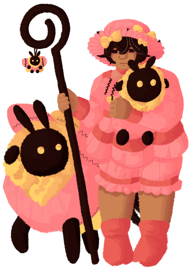 Erina is a girl with brown skin and dark brown hair, some of her hair is greying. All her silk clothes are pink with coral pink accents and yellow bows. She wears a frilly night cap with a larger brim that is decorated with bows and small plush toys resembling sheep moths. Her top goes to her legs, and has a lace window above her chest around her shoulders. She wears pantalettes that go to her knees. She's wearing coral pink socks. She wields a plush toy and a moth with a plush dangling off of it. She's accompanied by a sheepmoth who is a creature with a dark brown face with beady yellow eyes and brown antennae. Its brown legs are stubby and round. It has a fluffy yellow mane, and a woolen pink and yellow body with brown stipes. Its fur has a knitting-like texture.