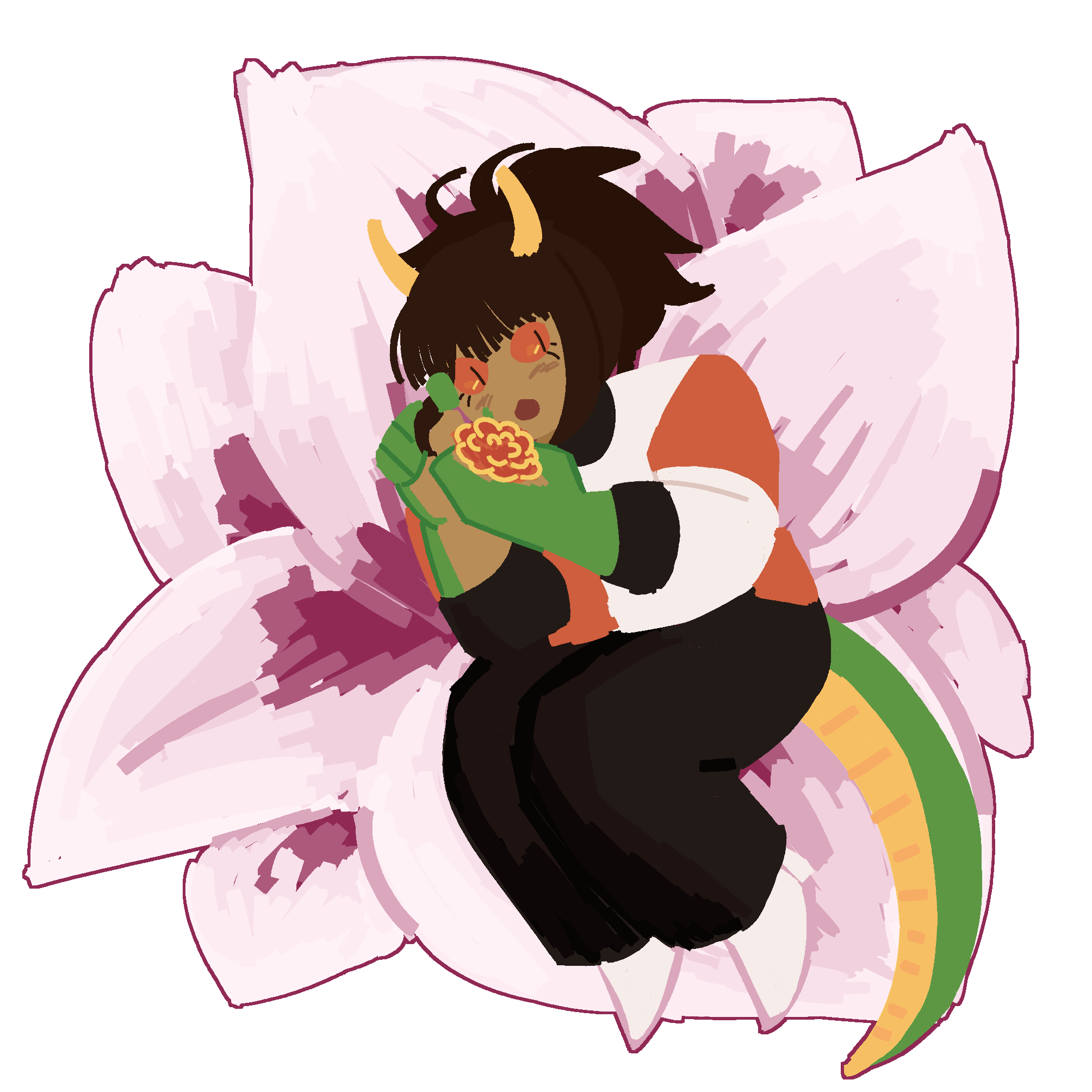 A blocky doodle of Ruriko laying on a giant magnolia flower.