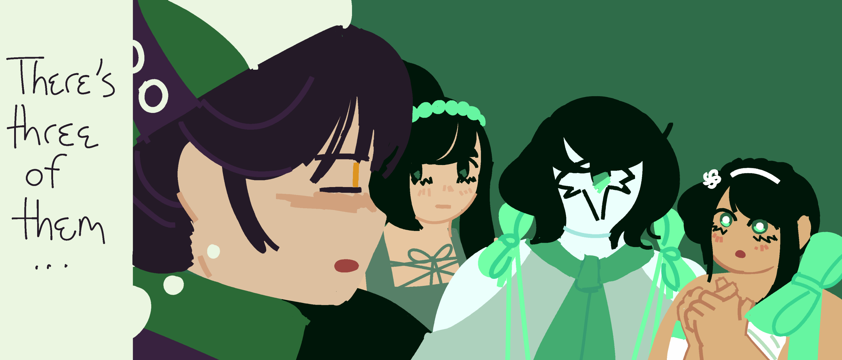 Chrysanthemum stares at Forrest, GARDENIA, and Sherardia with squinted eyes. Ze's thinking 'There's three of them'