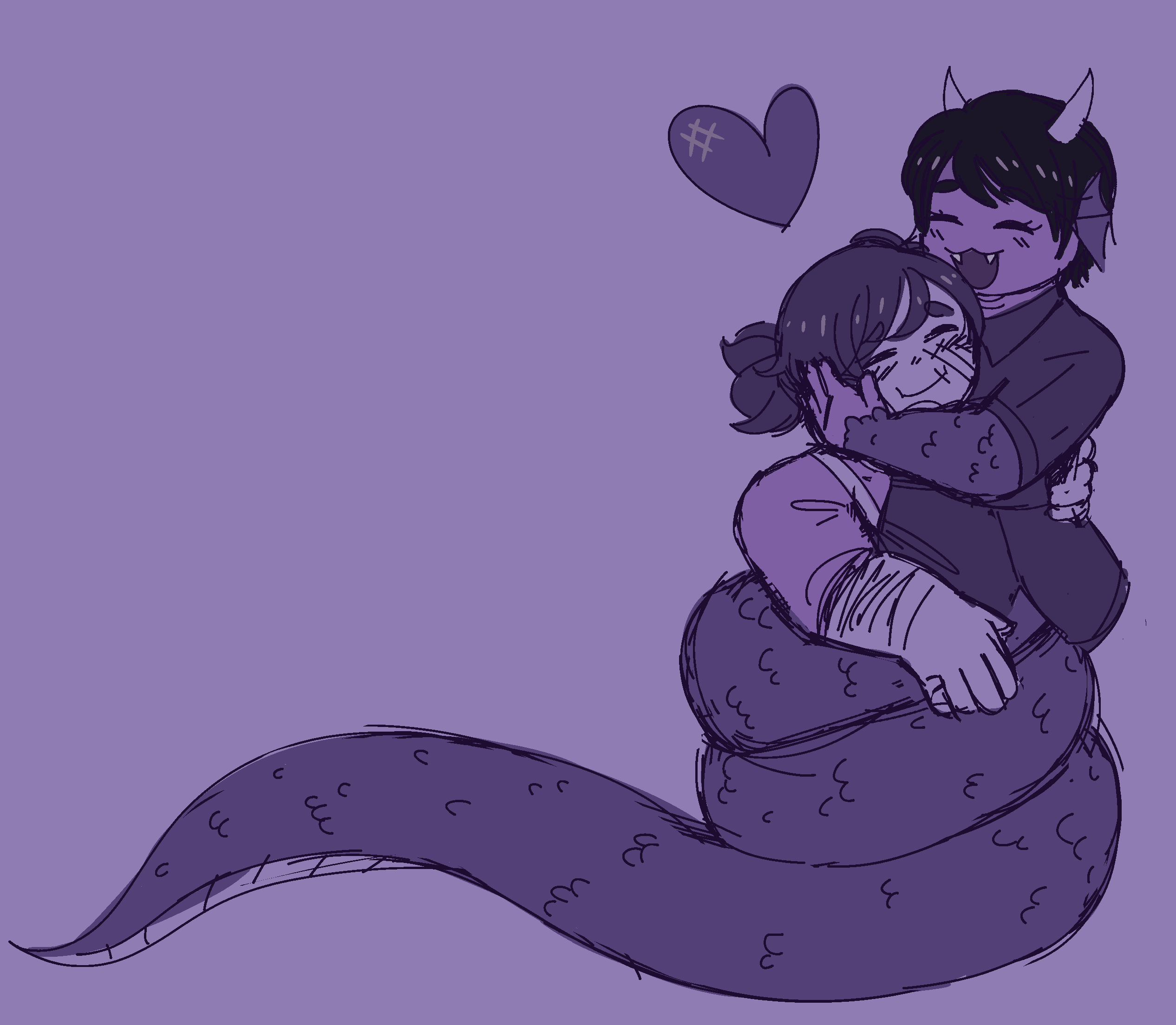 A chibi sketch of Jirair and Ruriko hugging, Ruriko has her tail coiled around him.