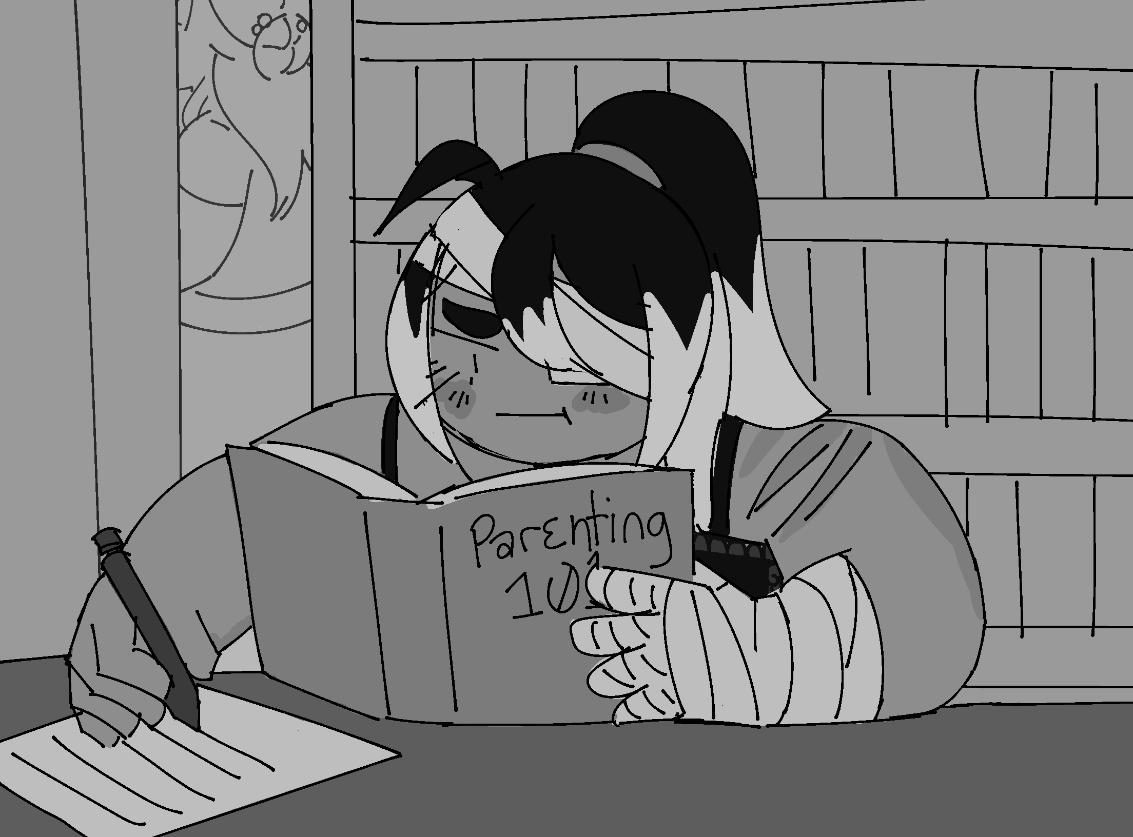 a greyscale sketch of Noire sitting in the Archive, surrounded by bookshelves. He is holding a book with the title 'Parenting 101' and taking notes. in the background, Zelophehad is passing between bookshelves, with his back turned.