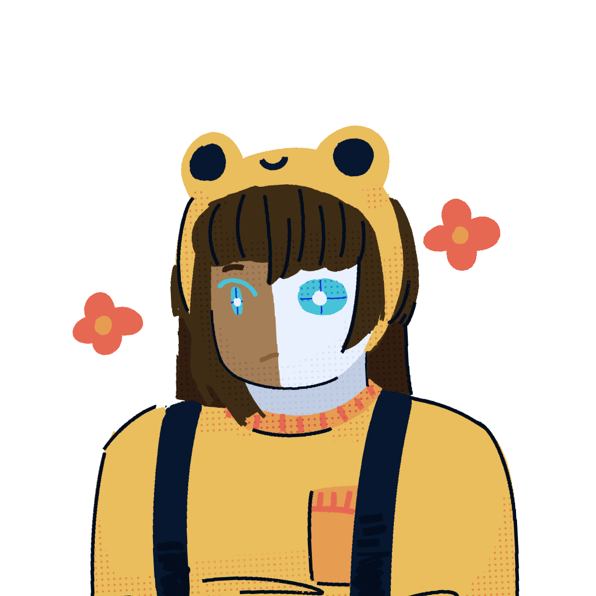 a half body doodle of Roxanne wearing a bright yellow sweater and a matching headband that resembles a frog
