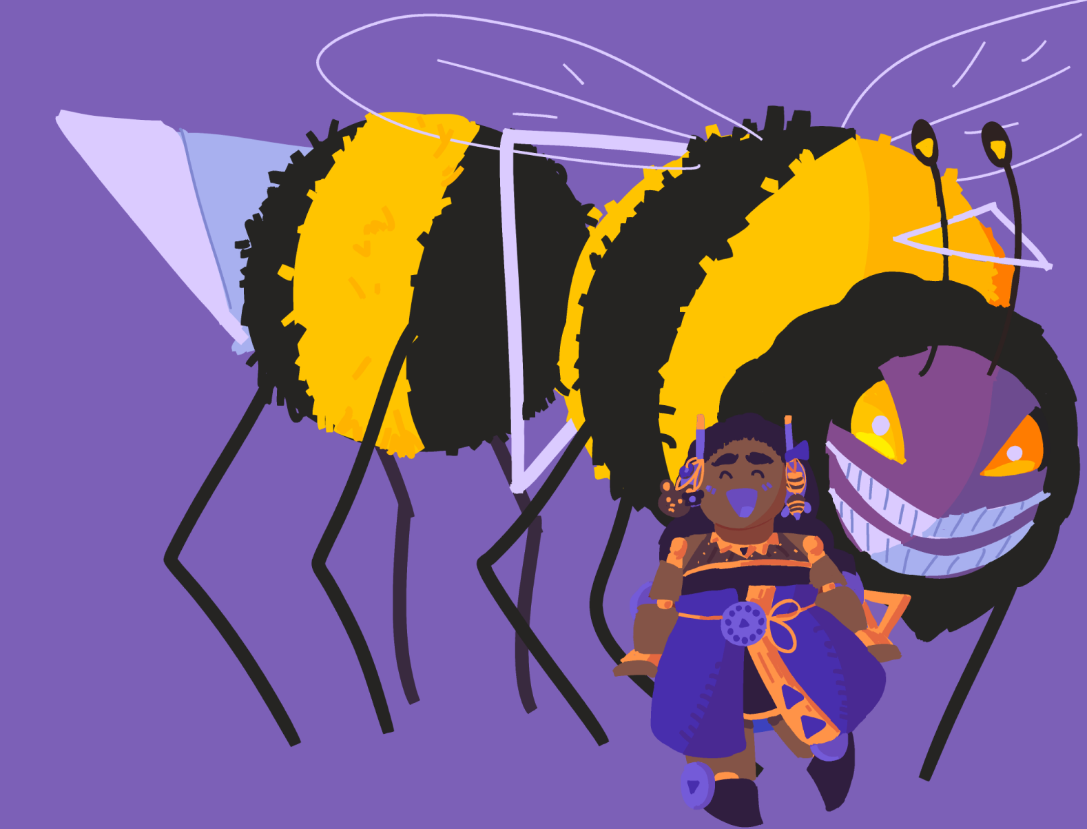 a drawing of Dawn standing happily in front of Kelseyana in her bee form.