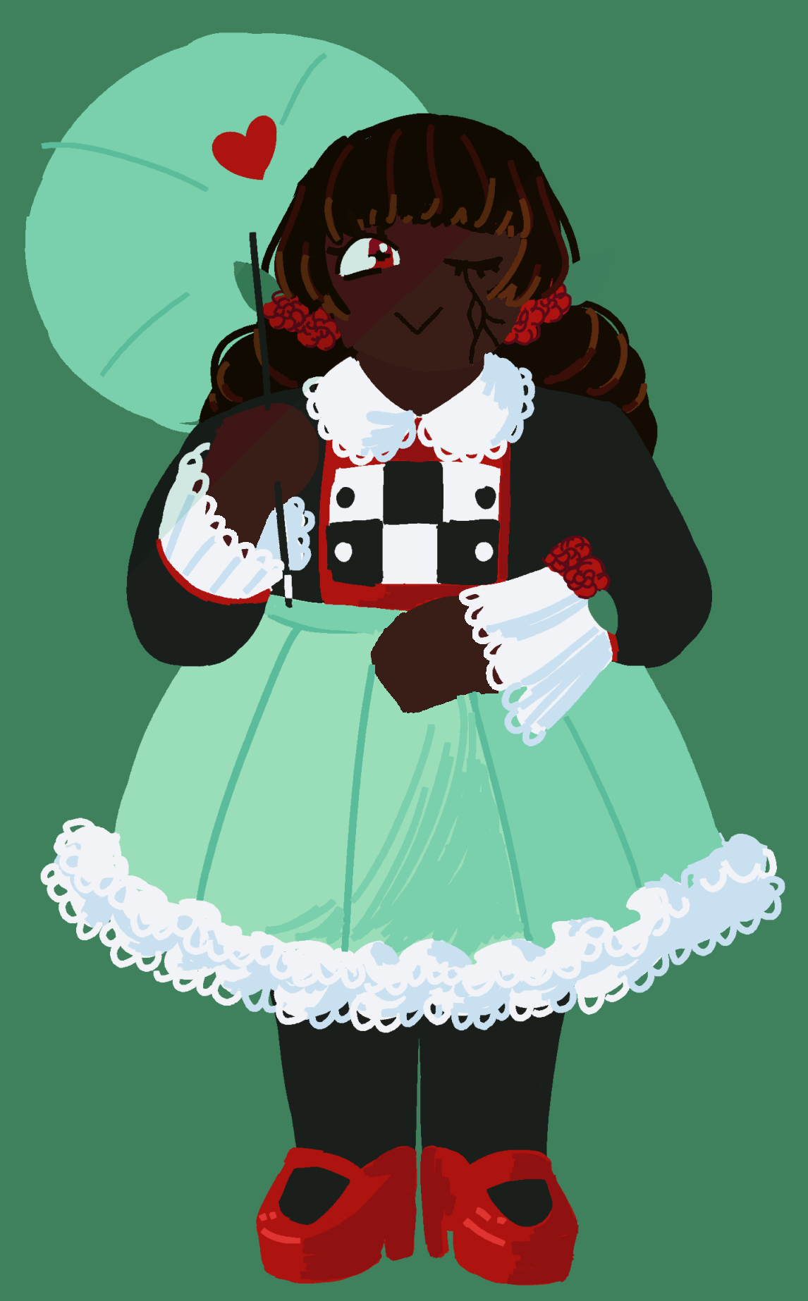 Adeola in an outfit that resembles Madotsuki's from Yume Nikki. The differences being the lace details and the colors that use Adeola's outfit palette. She's holding her parasol and winking.