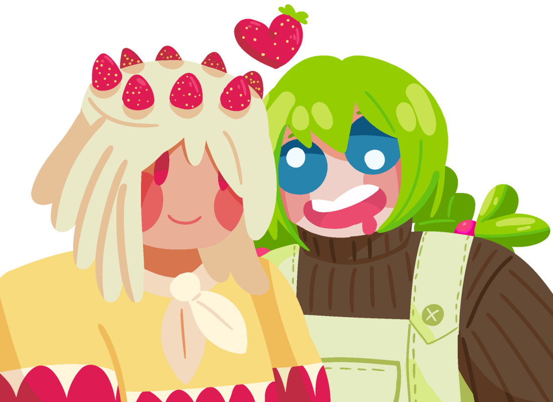 The Sweets Daughter and the Cake Girl leaning into each other. The Sweets Daughter has a wide smile and googly eyes, and both of them are smiling. In between them is a heart that resembles a strawberry.
