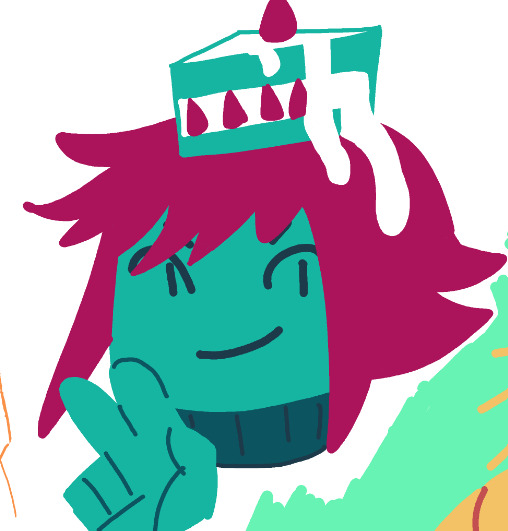 Urotsuki in a cyan and magenta color palette with the cake effect. The cake is melting on her head.