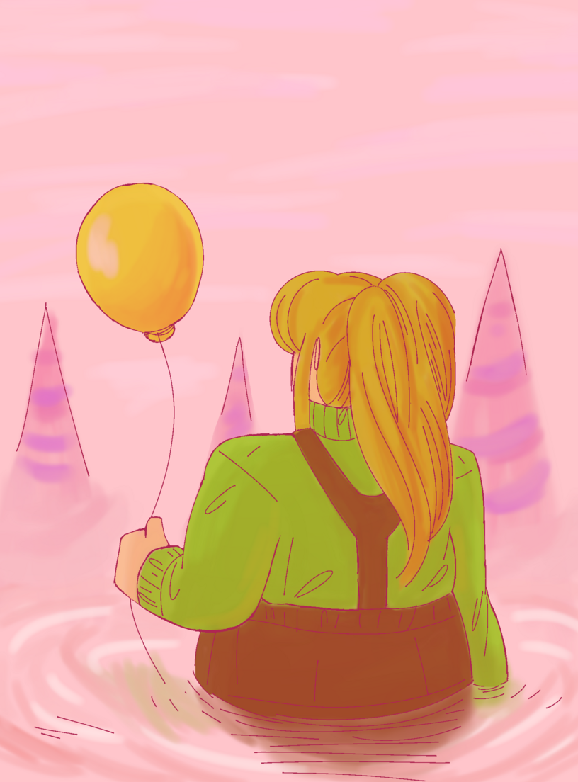 a sketch of Poniko in the Pink Sea holding a yellow balloon.