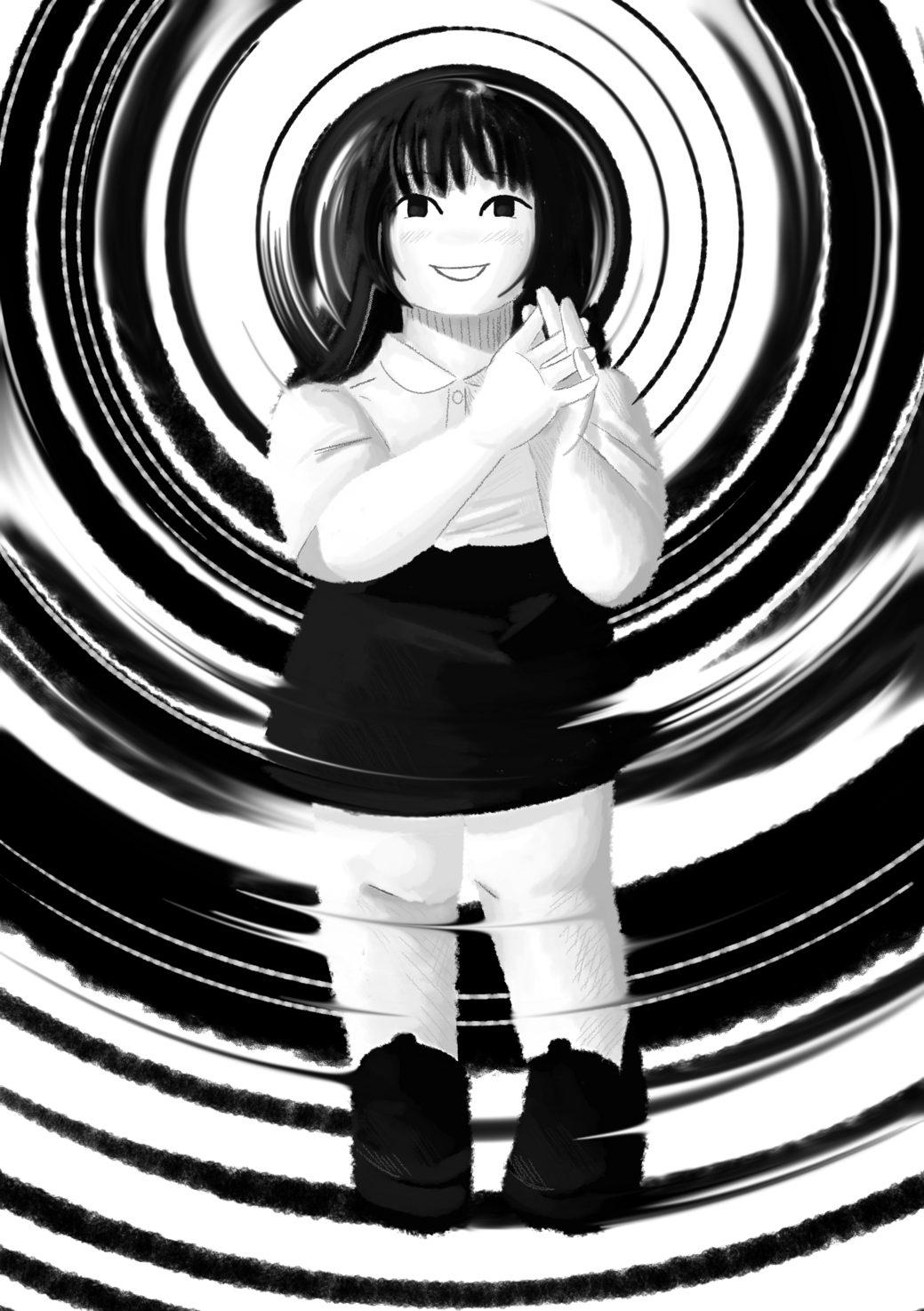 an illustration of Monoe standing with her hands clasped, the background is a black and white spiral blending into her