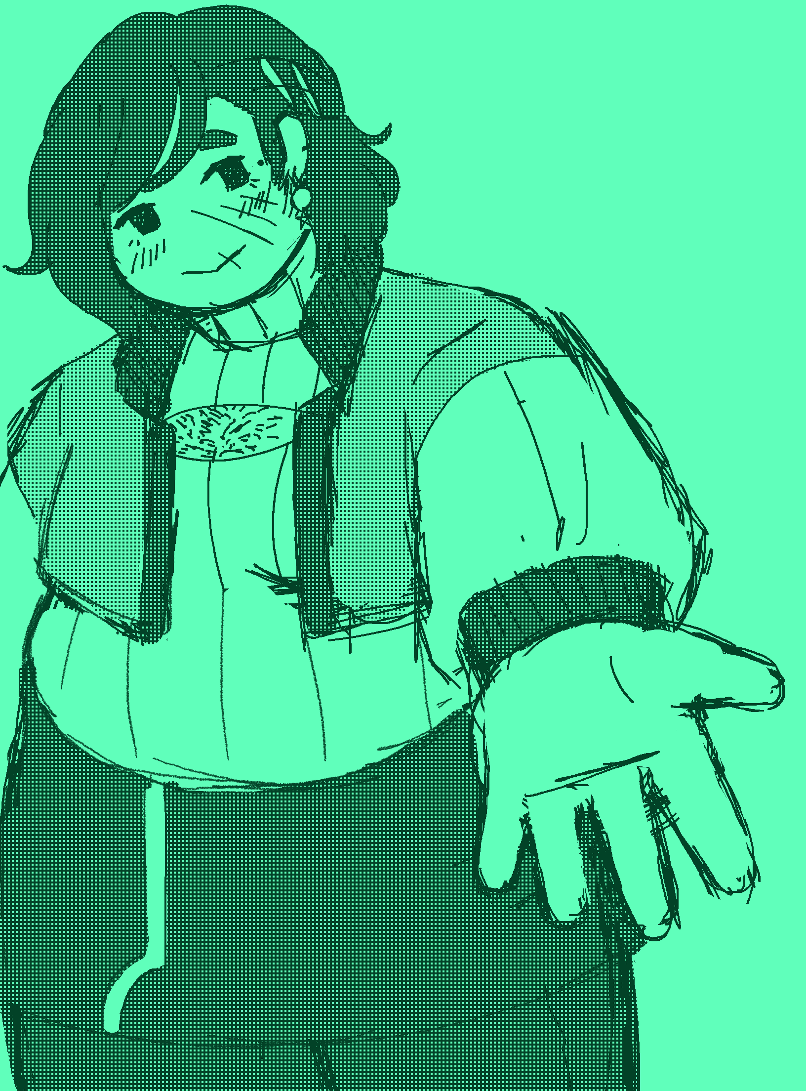 a teal doodle with halftone shading of Jirair holding his hand out to the viewer