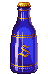 A blue glass bottle with golden line accents and cap. The labelk is a golden S