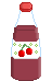 A glass bottle with a red cap. The label around the bottle is white and has a cherry on it. The liquid is a reddish brown