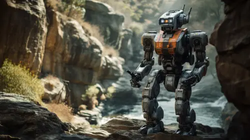 Manu23 A robot hidden behind a rock armed with a gun chappie mo 8e299b76 5740 40a3 abe1 621825a0c144.webp