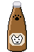 A glass bottle with a brown liquid with a paw print on the neck of the bottle. The label is round and has a white cat that blinks