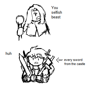 MS Paint doodle of Streibough calling Oersted a selfish beast, Oersted is confused, but is also visibly carrying a hoard of weapons