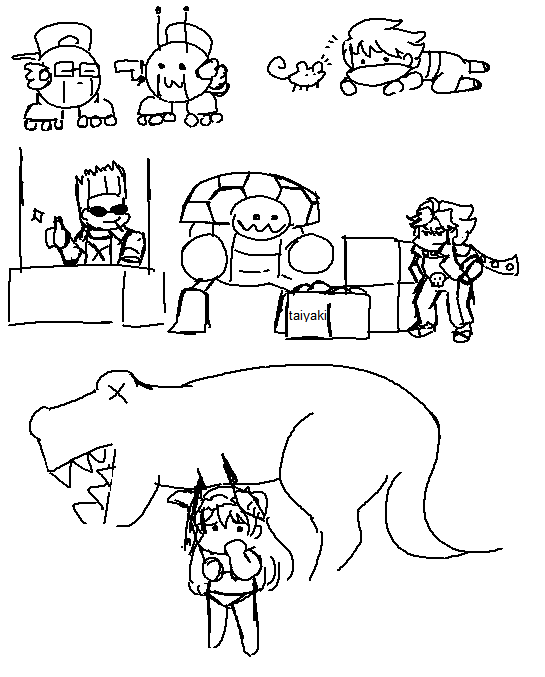 a collection of MS Paint doodles of Cube and Citrus drawn as Cube; Oboro crawling up to a mouse; Matsu, Taroimo, and Akira working at the taiyaki stand; and Bel carrying a dead ODIO with one arm