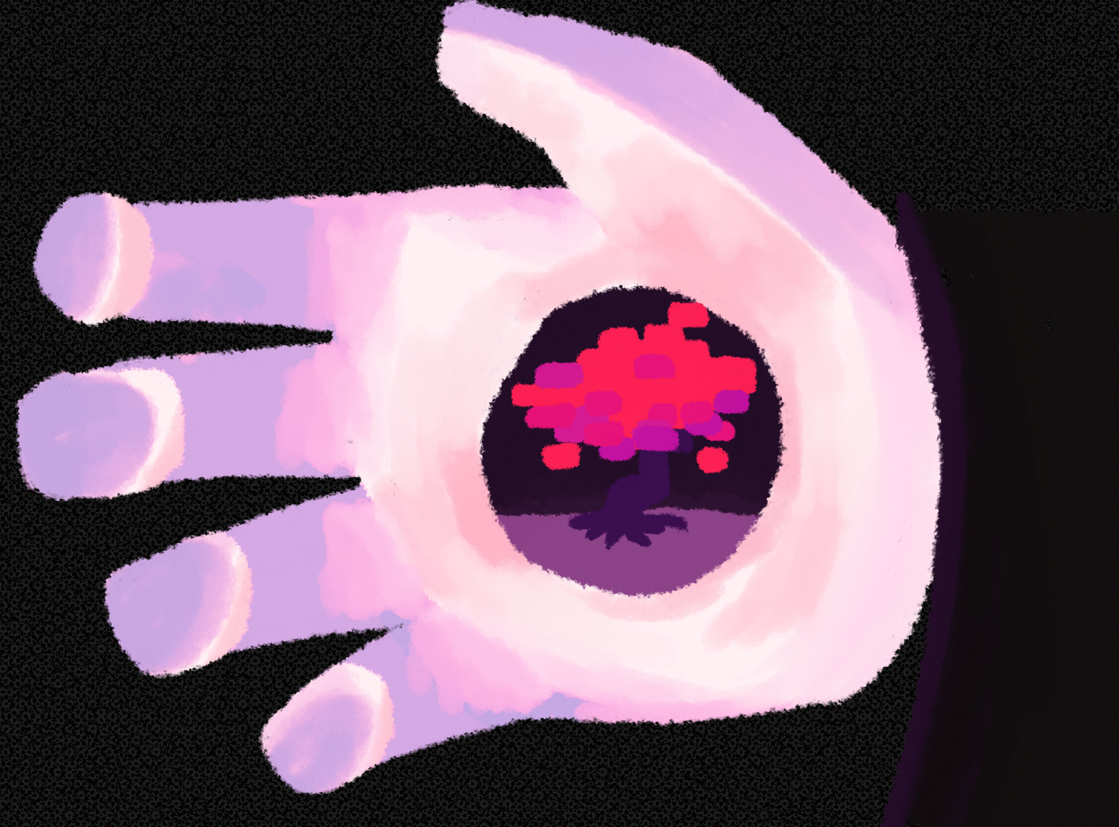 a drawing on a black background of gaster's hand, in the hole of his palm is the red blocky tree from secret maps in deltarune
