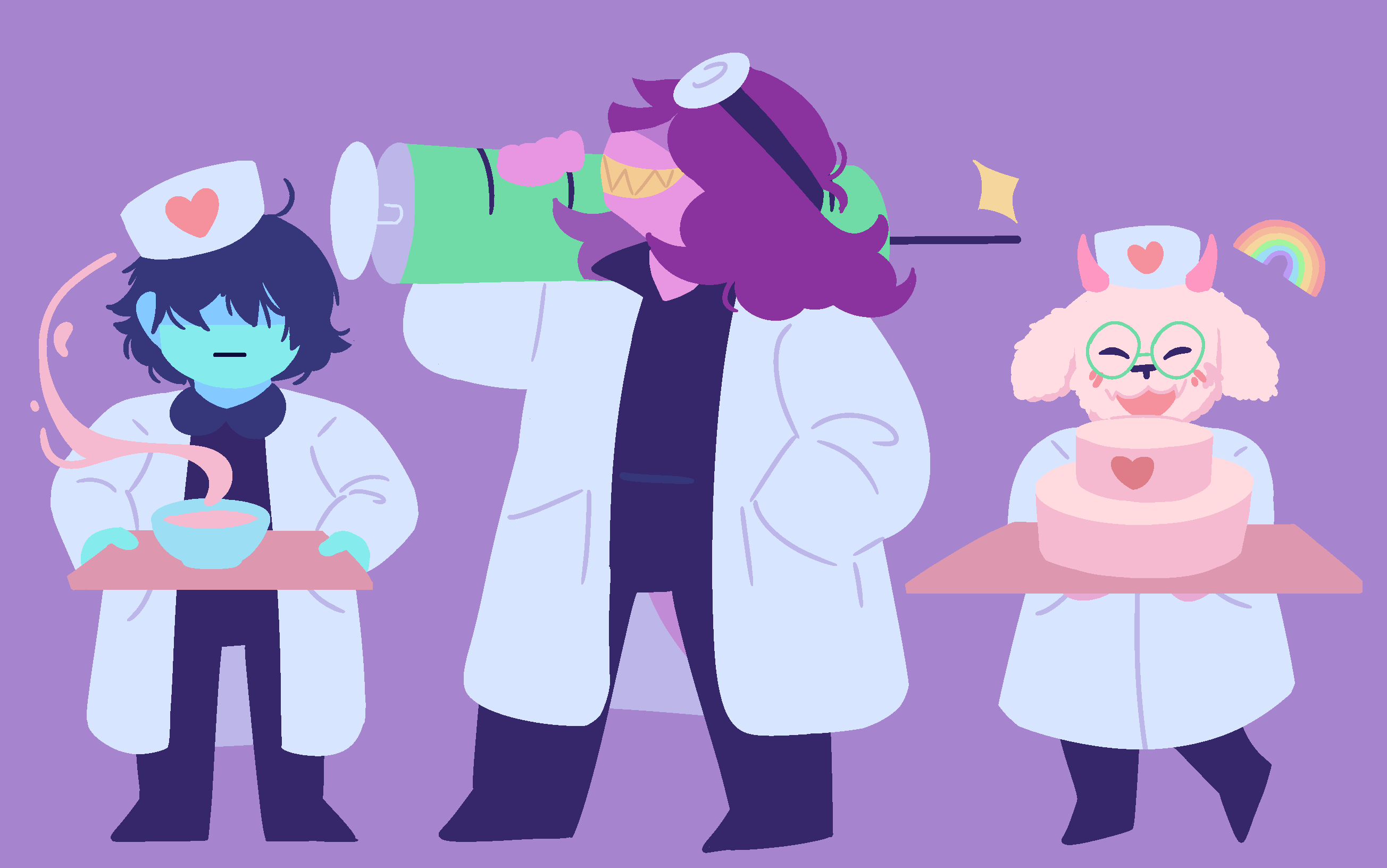 a drawing of Kris, Susie, and Ralsei wearing their doctor outfits from an ACT from Chapter 2.