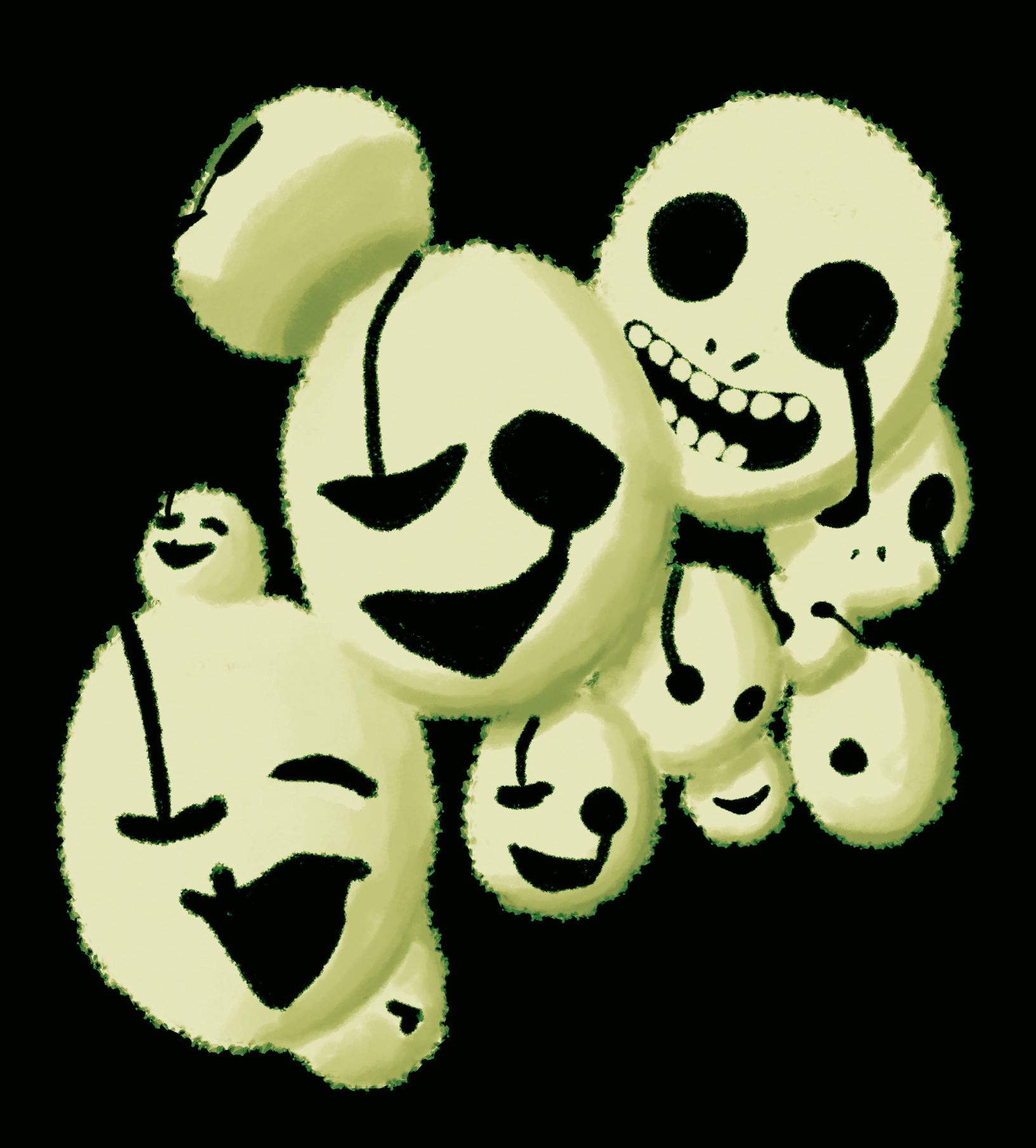 a drawing on a black background of gaster, uboa, and whiteface's faces splitting off from each other like cells.