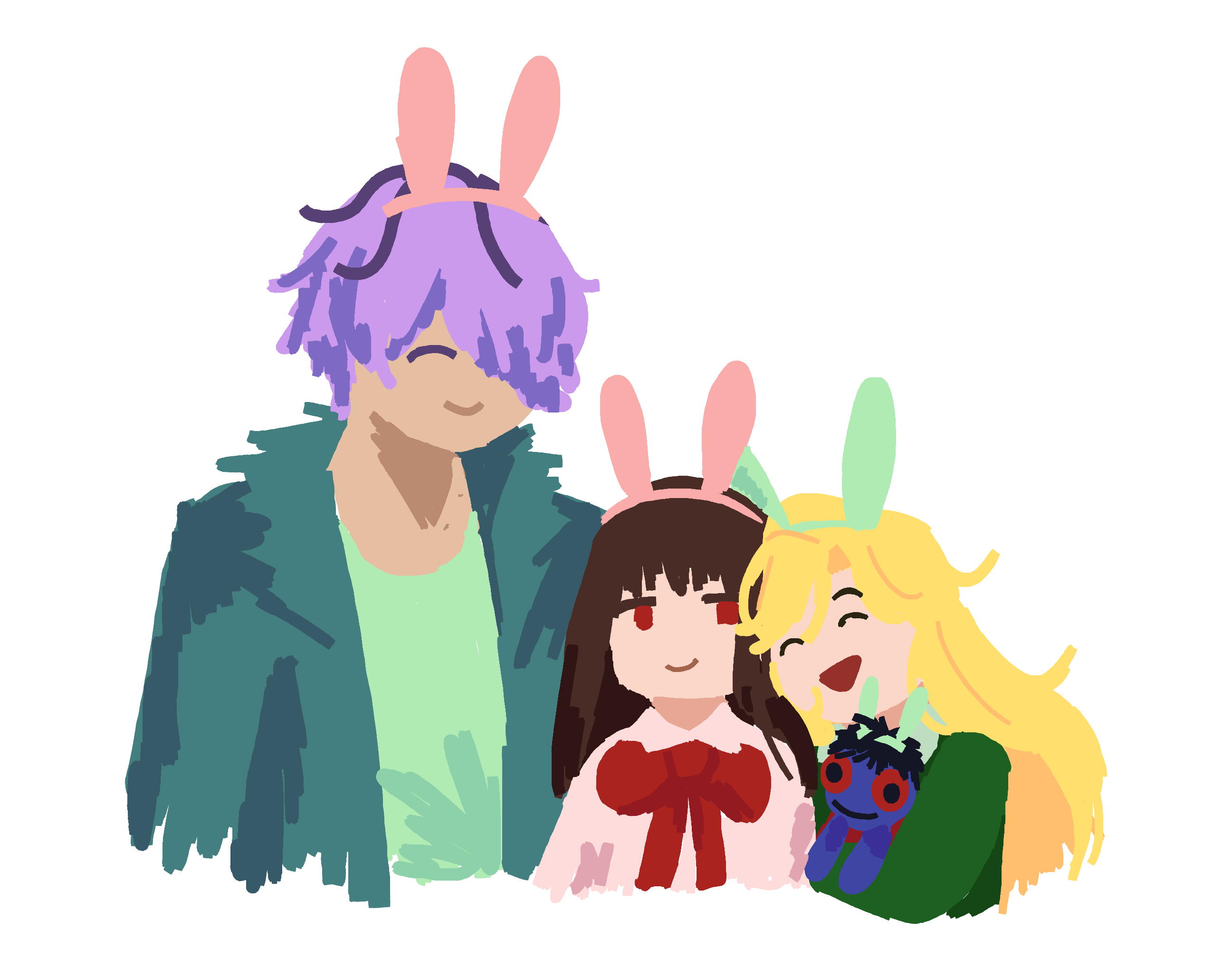 a blocky doodle on a white background of Garry, Ib, and Mary wearing bunny ears. Mary is holding a doll also wearing bunny ears. Everyone is smiling.